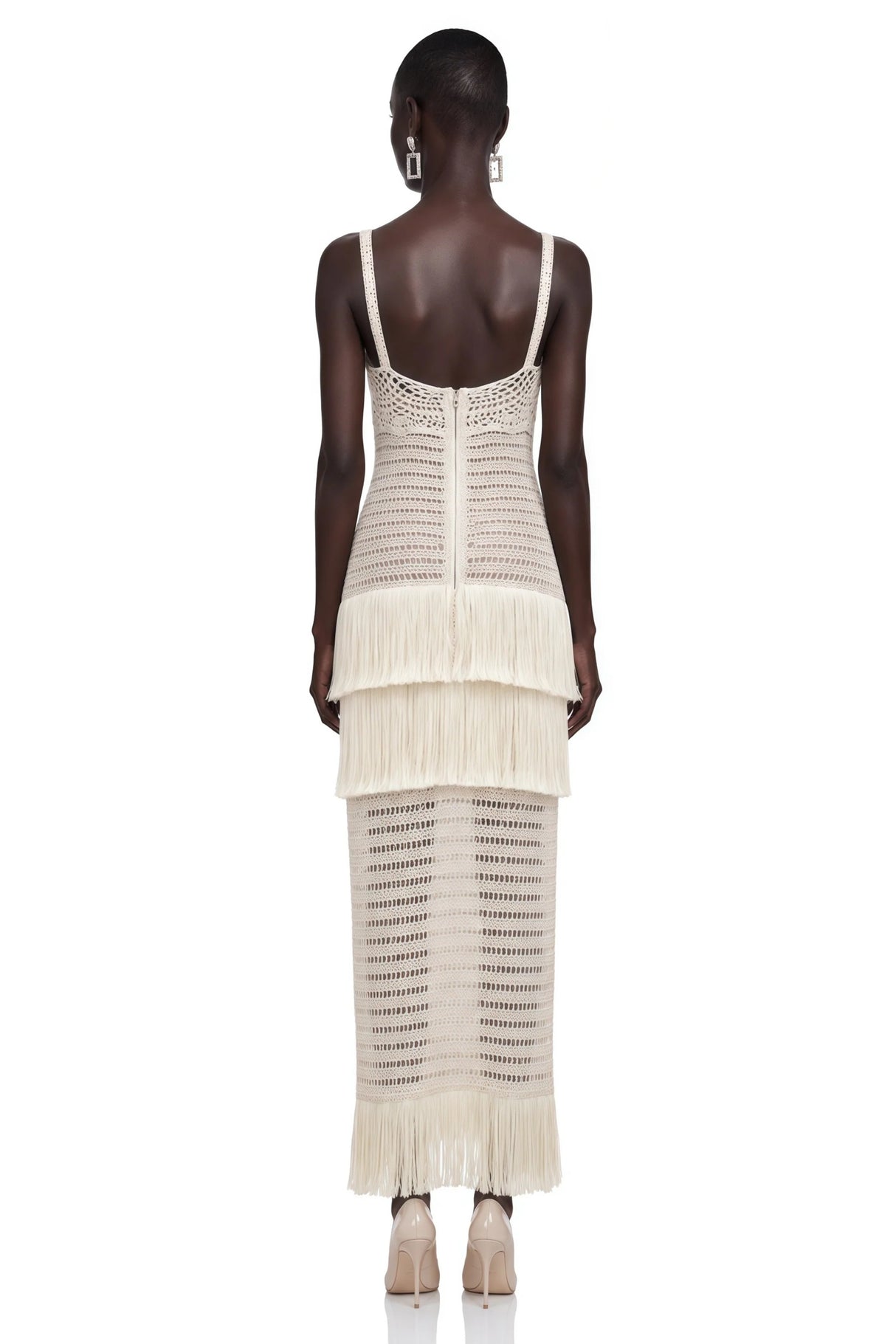 Ani White CutOut Knit Maxi Dress with Fringe
