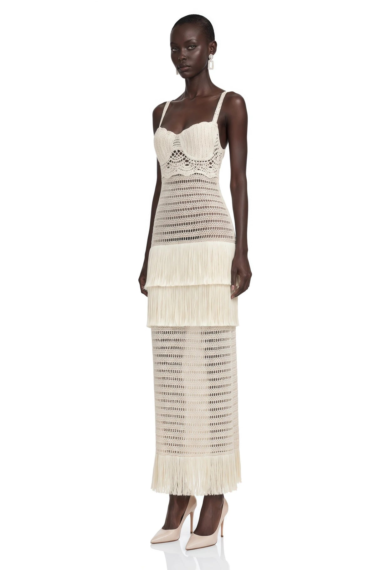 Ani White CutOut Knit Maxi Dress with Fringe