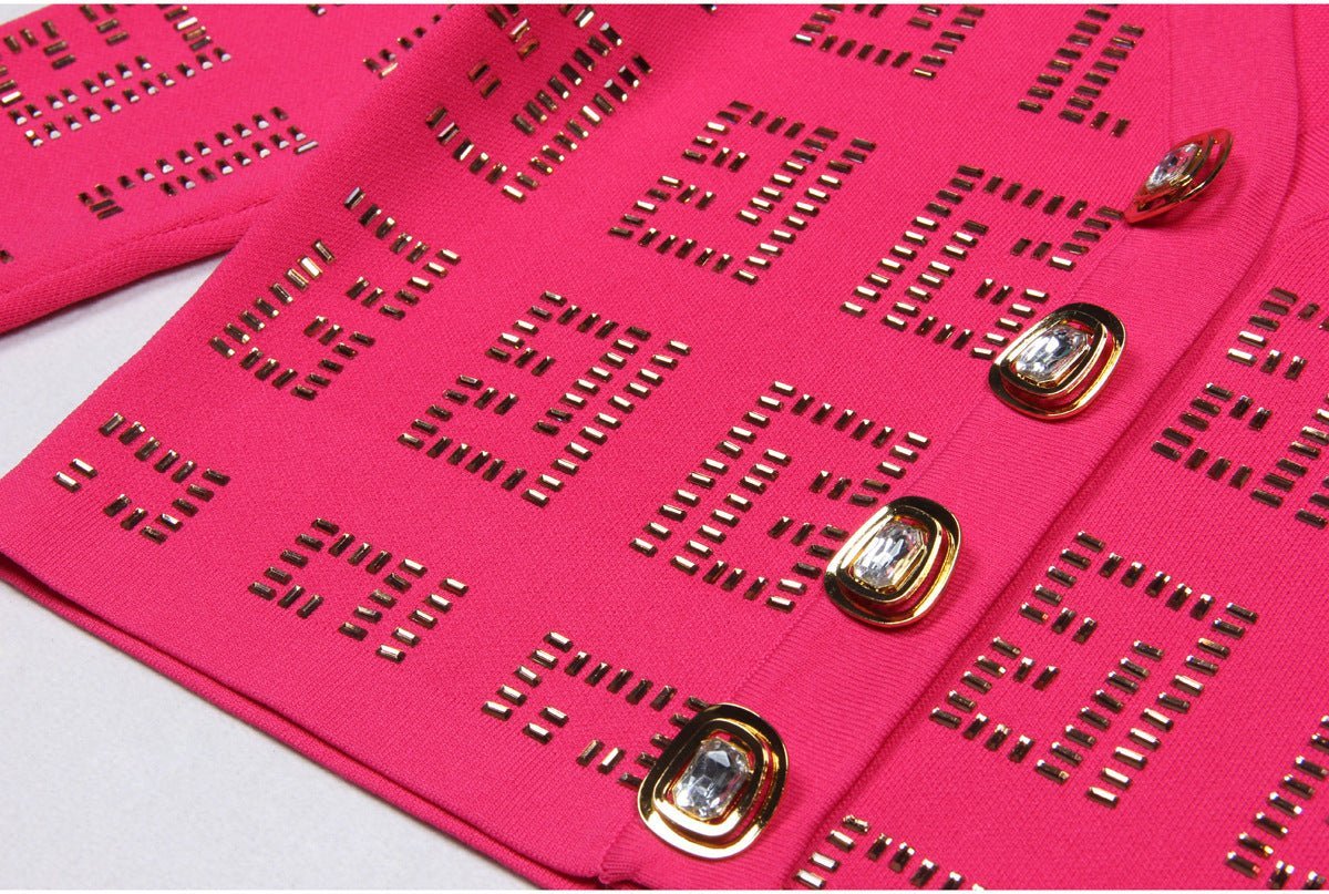 Anita Fitted Cardigan & Mini Skirt Set - Geometric Cutouts - Gold Button Embellishments