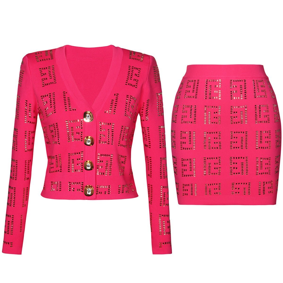 Anita Fitted Cardigan & Mini Skirt Set - Geometric Cutouts - Gold Button Embellishments