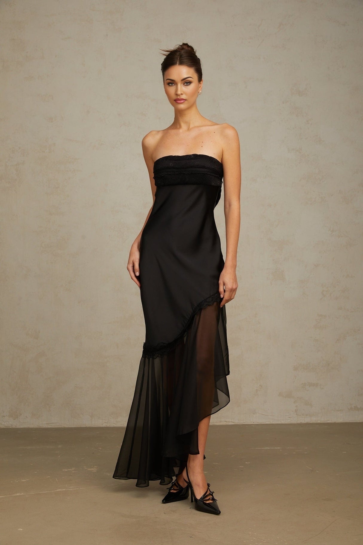 Anita Maxi Dress - Off Shoulder Style - Satin Finish with Tulle Panel - Pleated Detail and Lace Trim - Asymmetric Hem with Rear Tie Fastening