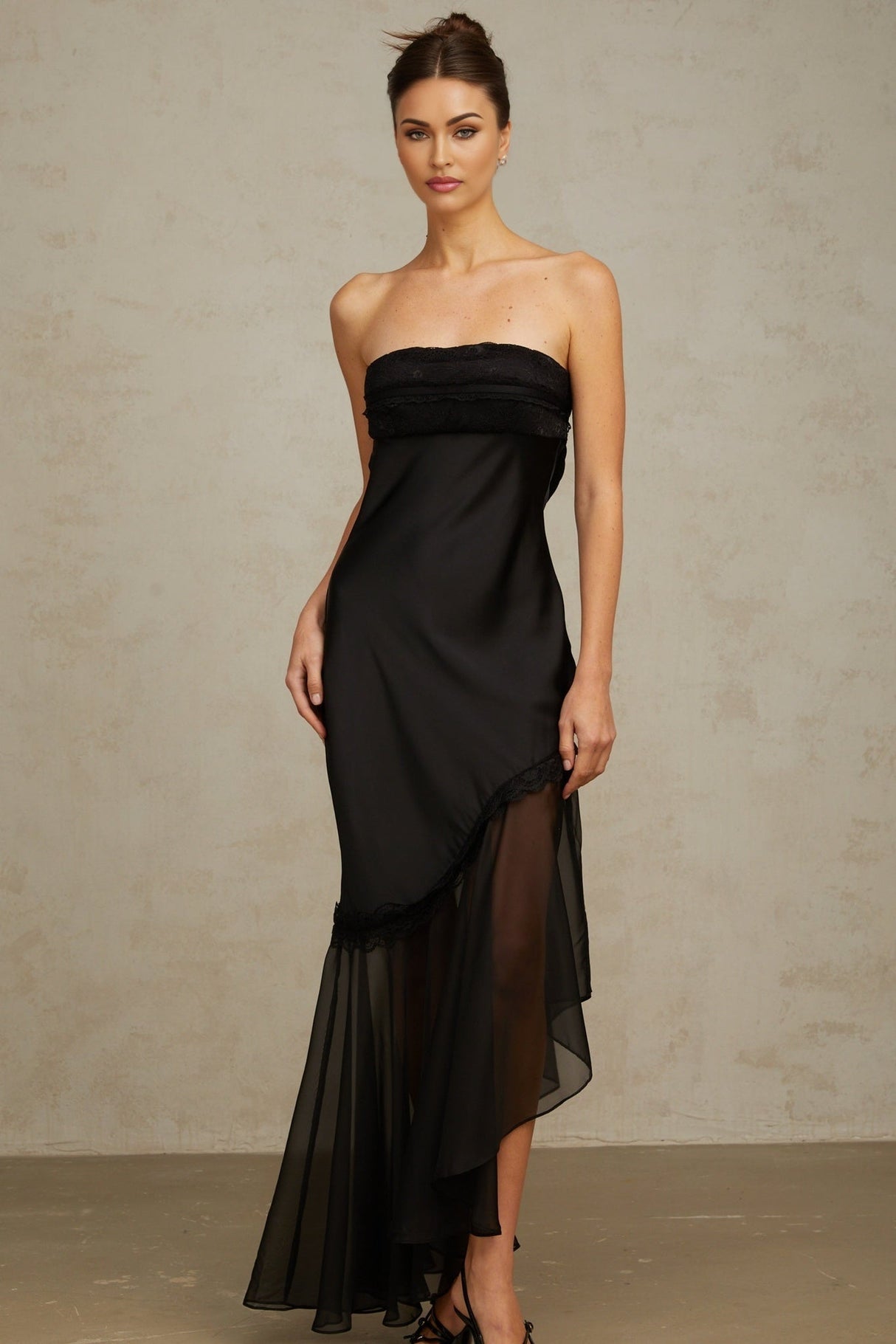 Anita Maxi Dress - Off Shoulder Style - Satin Finish with Tulle Panel - Pleated Detail and Lace Trim - Asymmetric Hem with Rear Tie Fastening