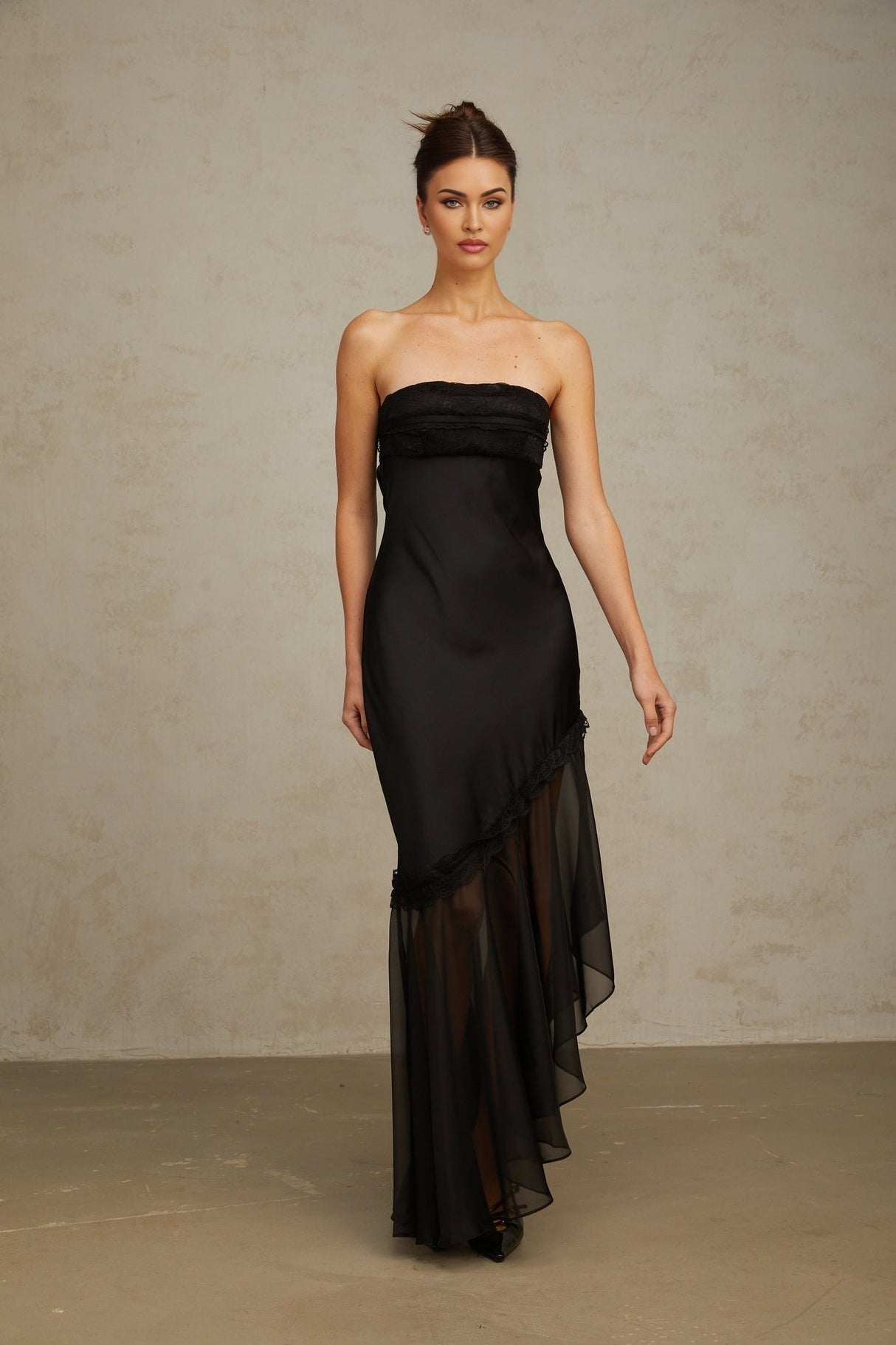 Anita Maxi Dress - Off Shoulder Style - Satin Finish with Tulle Panel - Pleated Detail and Lace Trim - Asymmetric Hem with Rear Tie Fastening