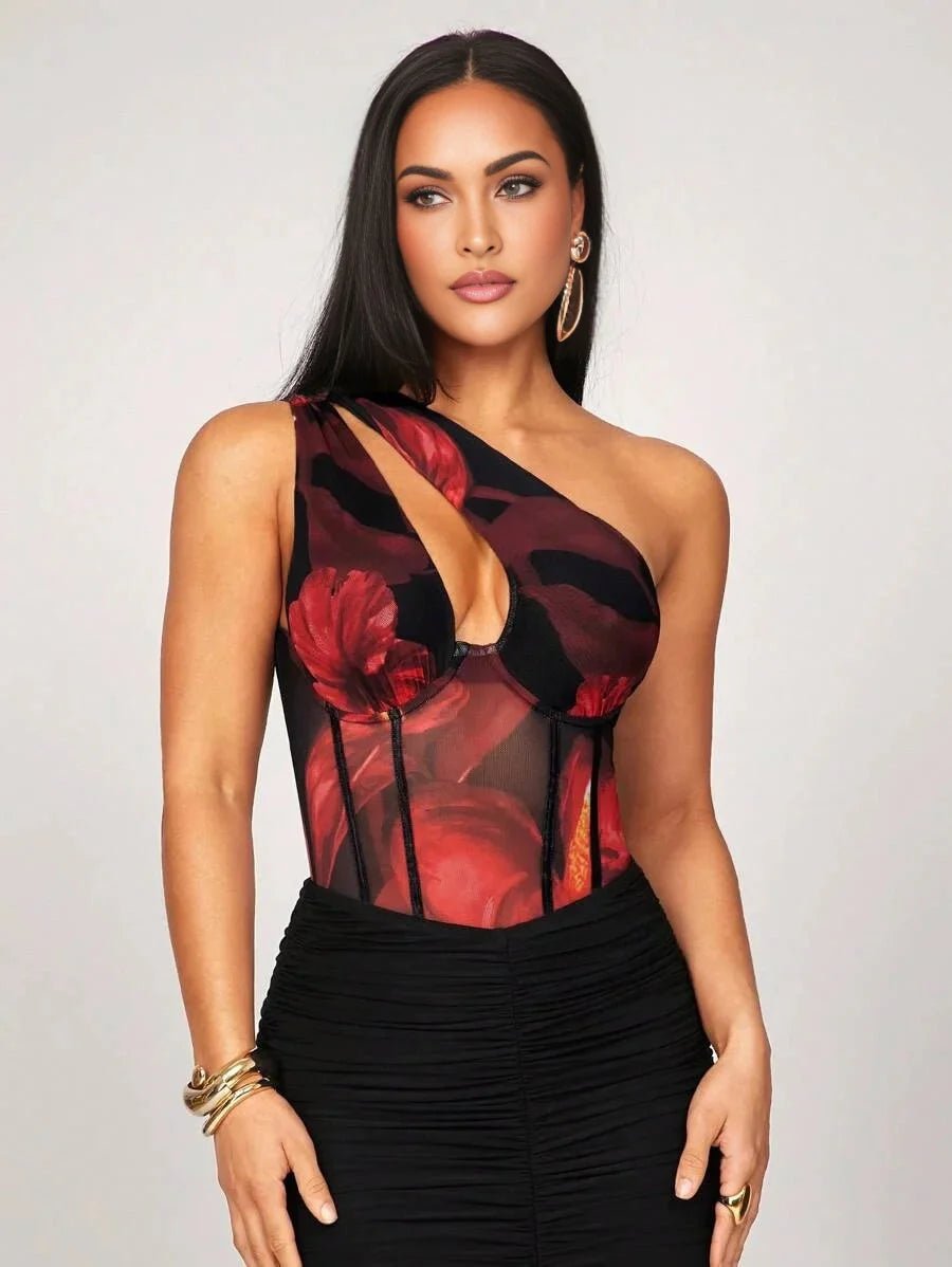 Anna Bodysuit - Slim Fit - High Stretch Fabric - Sleeveless - Asymmetrical, Cut Out - Stage & Concert Occasion - Mid Waist Line