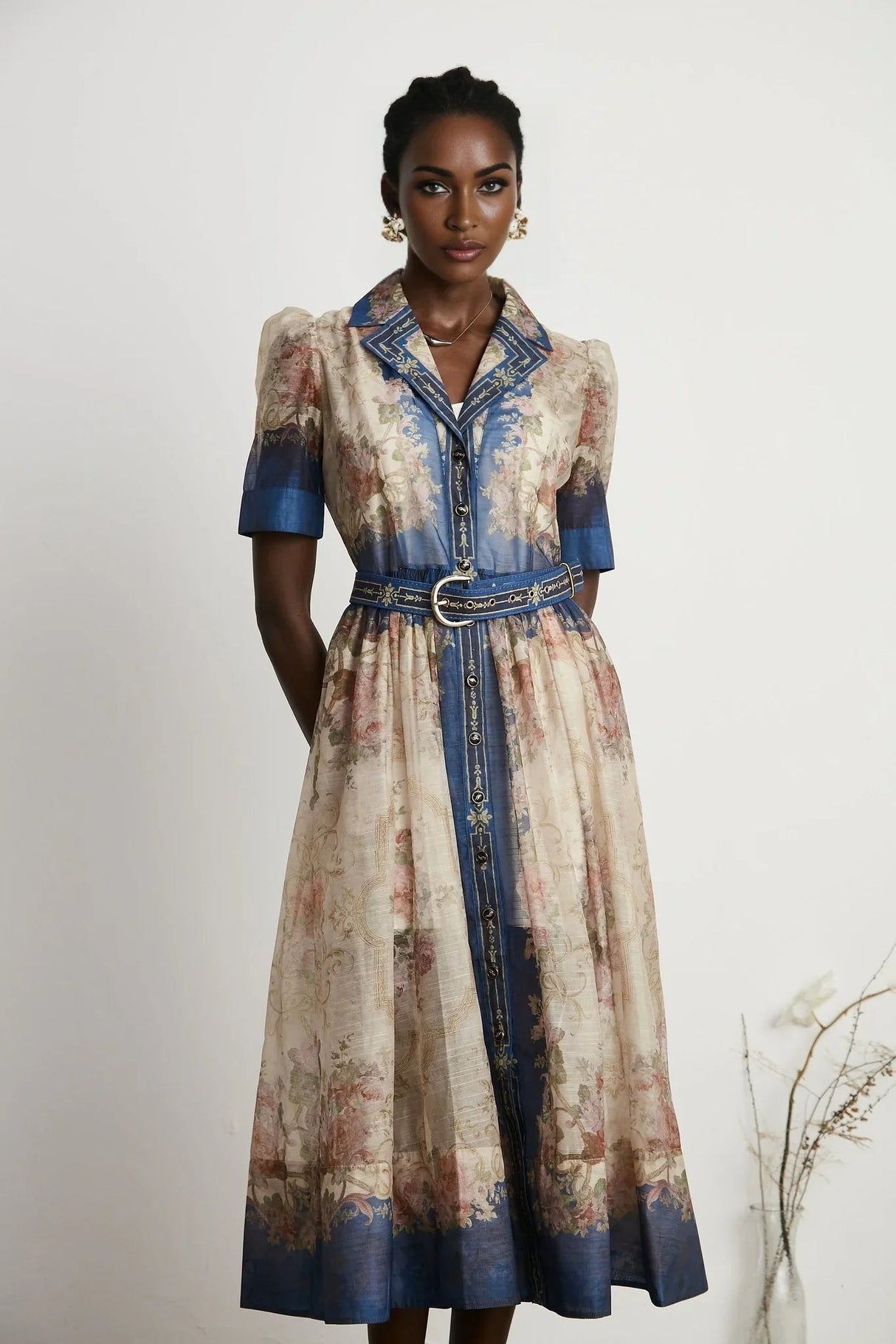 Anna Midi Dress – Long Sleeves – Lapels – Pattern Printed