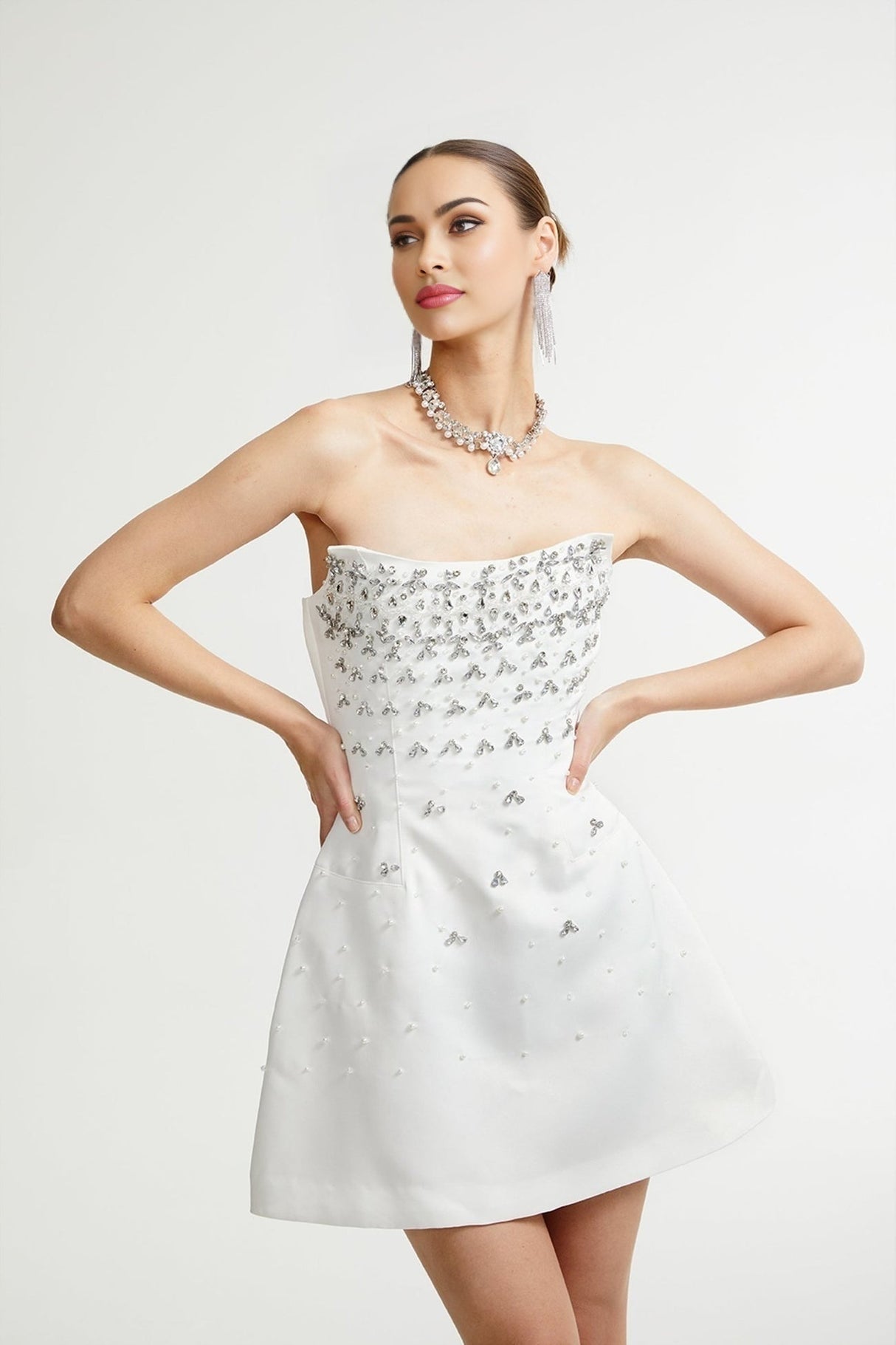 Anna Mini Dress - Sleeveless Off - Shoulder Design - Fully Embellished - Mini Length with Back Zipper
