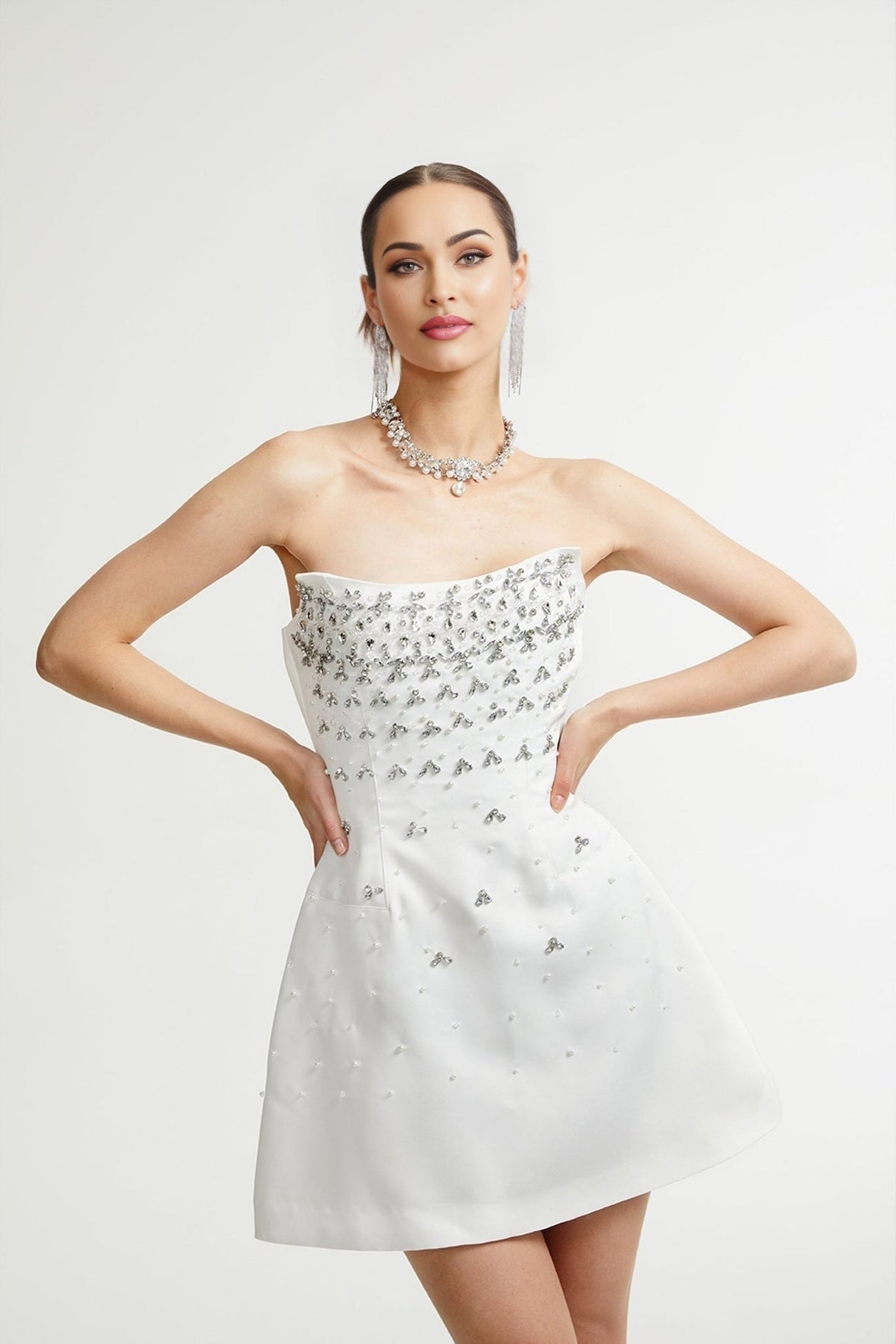 Anna Mini Dress - Sleeveless Off - Shoulder Design - Fully Embellished - Mini Length with Back Zipper