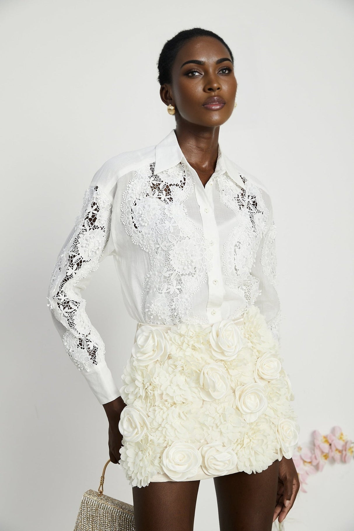 Anna Shirt - Long Sleeve Lapel Button - Cut - Out Lace - Embroidered Midi Top