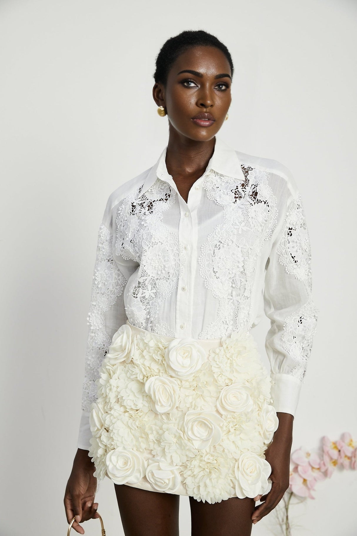 Anna Shirt - Long Sleeve Lapel Button - Cut - Out Lace - Embroidered Midi Top