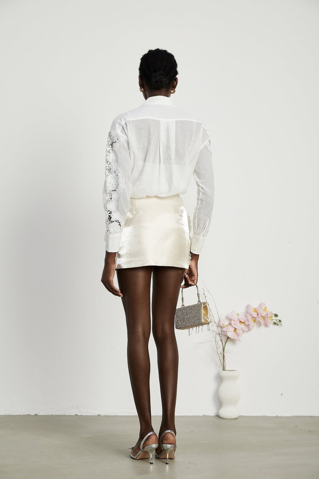 Anna Shirt - Long Sleeve Lapel Button - Cut - Out Lace - Embroidered Midi Top