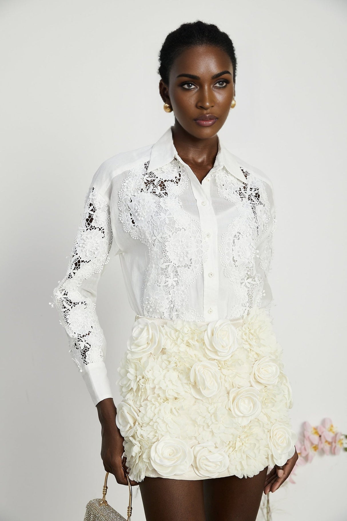 Anna Shirt - Long Sleeve Lapel Button - Cut - Out Lace - Embroidered Midi Top