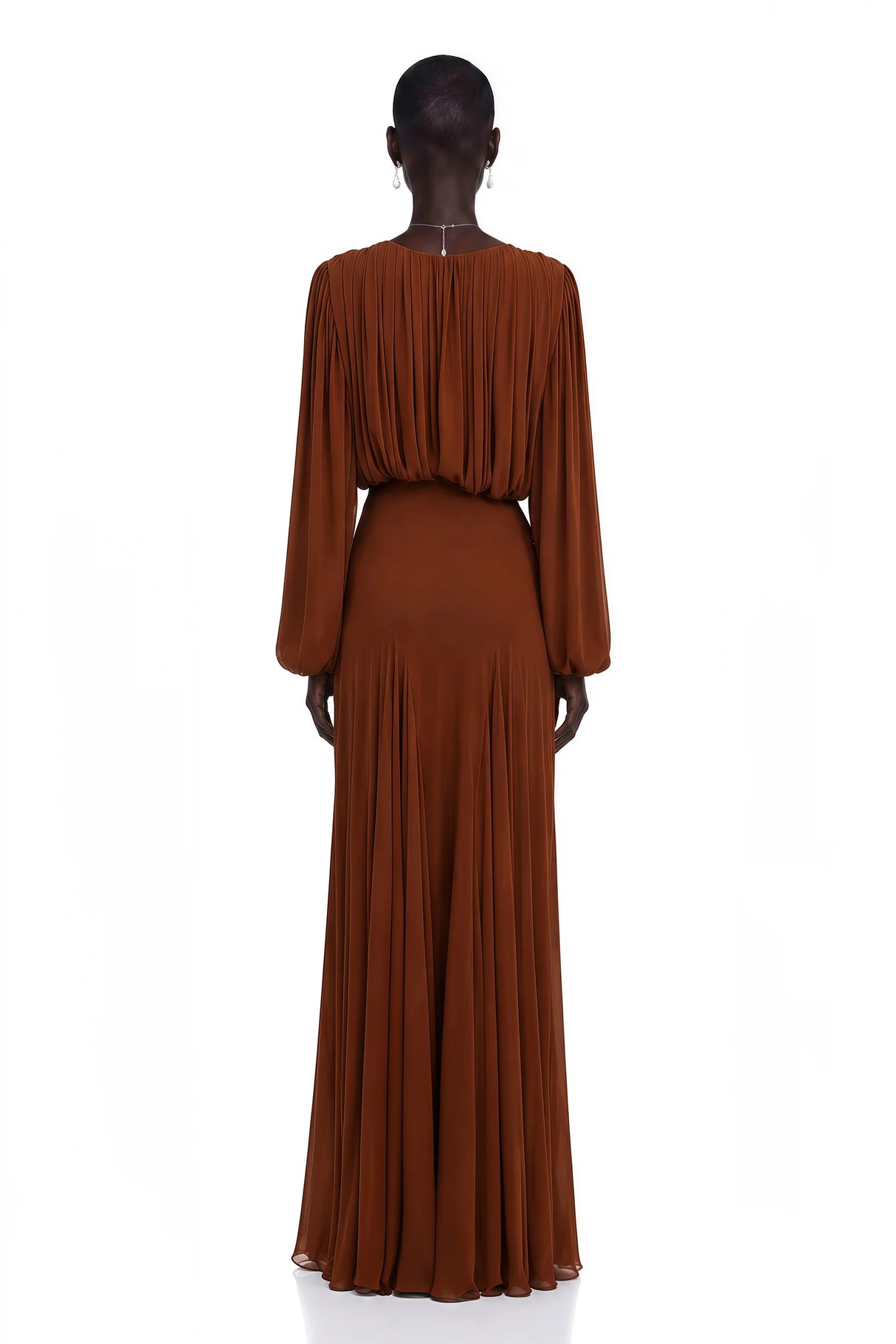 Annabelle Brown Lantern Sleeve Pleated Maxi Dress