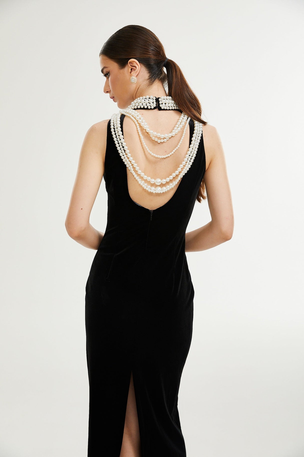 Annabelle Dress - Velvet - Pearl - Embellished - Open Back - Ankle - Length - Sleeveless - High Neck - Draping - Rear Slit - Zip Fastening