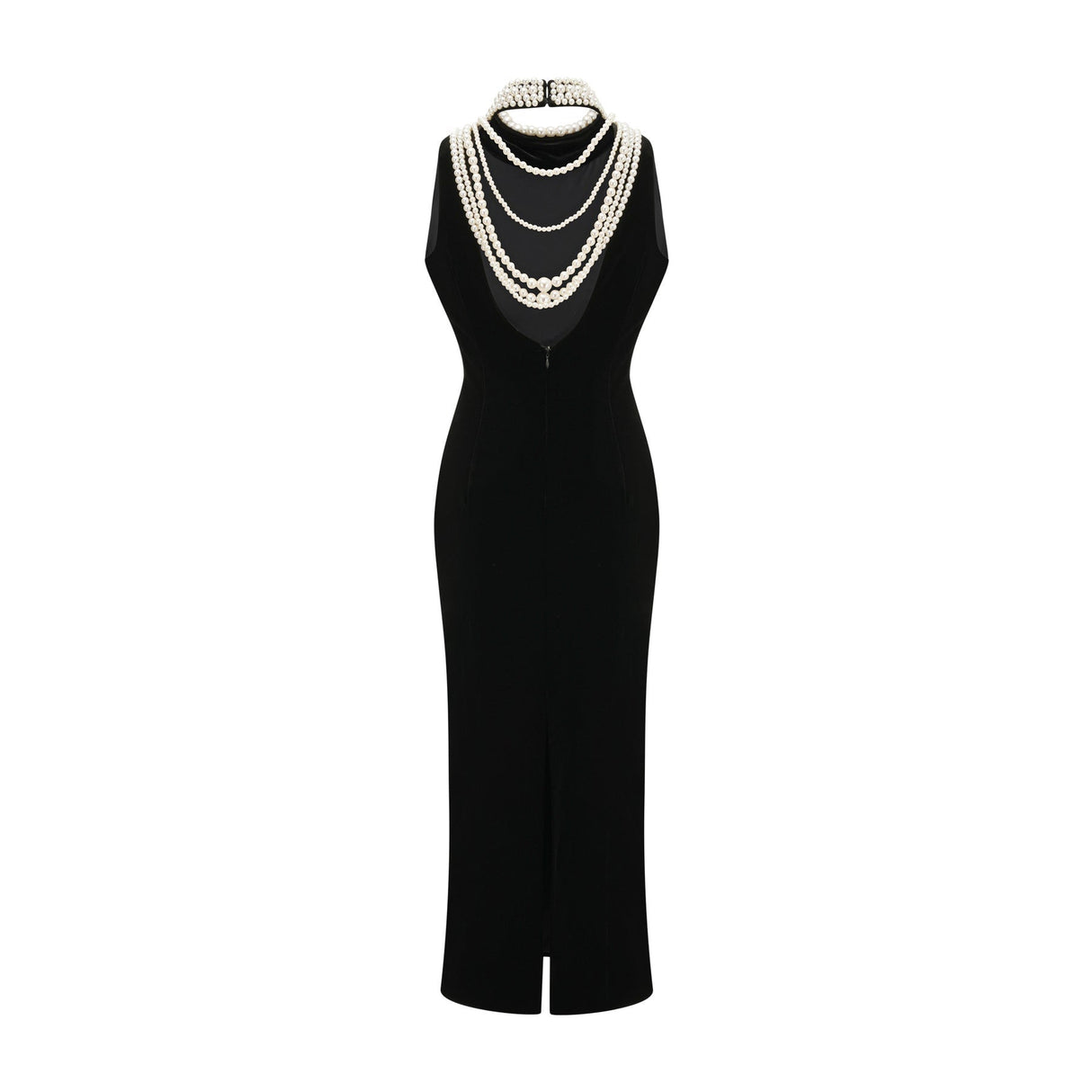 Annabelle Dress - Velvet - Pearl - Embellished - Open Back - Ankle - Length - Sleeveless - High Neck - Draping - Rear Slit - Zip Fastening