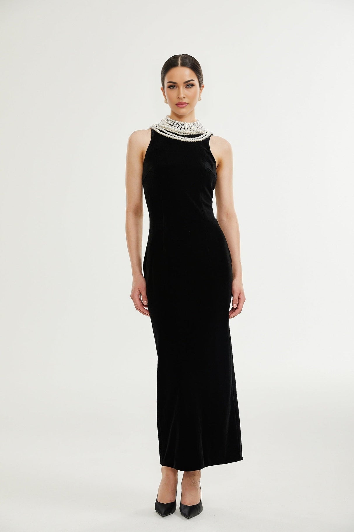Annabelle Dress - Velvet - Pearl - Embellished - Open Back - Ankle - Length - Sleeveless - High Neck - Draping - Rear Slit - Zip Fastening