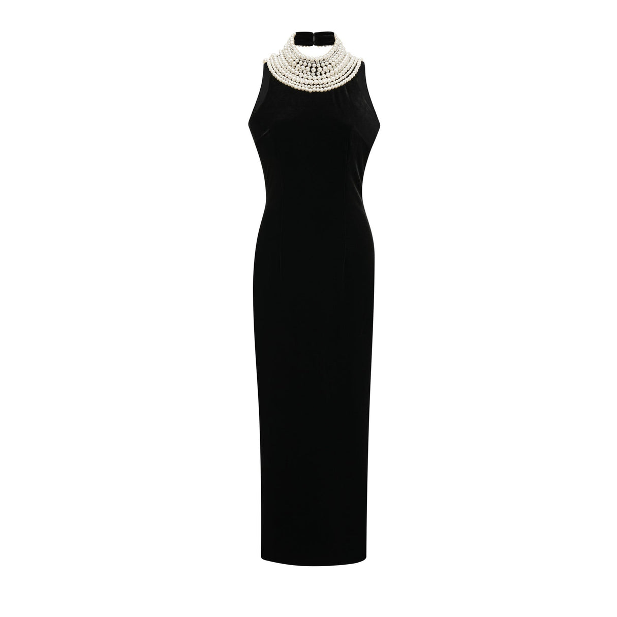 Annabelle Dress - Velvet - Pearl - Embellished - Open Back - Ankle - Length - Sleeveless - High Neck - Draping - Rear Slit - Zip Fastening