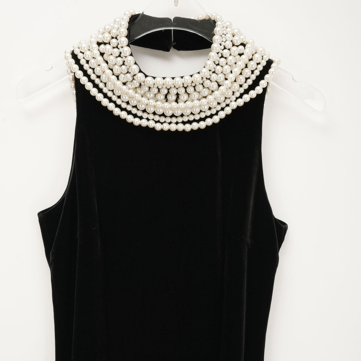 Annabelle Dress - Velvet - Pearl - Embellished - Open Back - Ankle - Length - Sleeveless - High Neck - Draping - Rear Slit - Zip Fastening