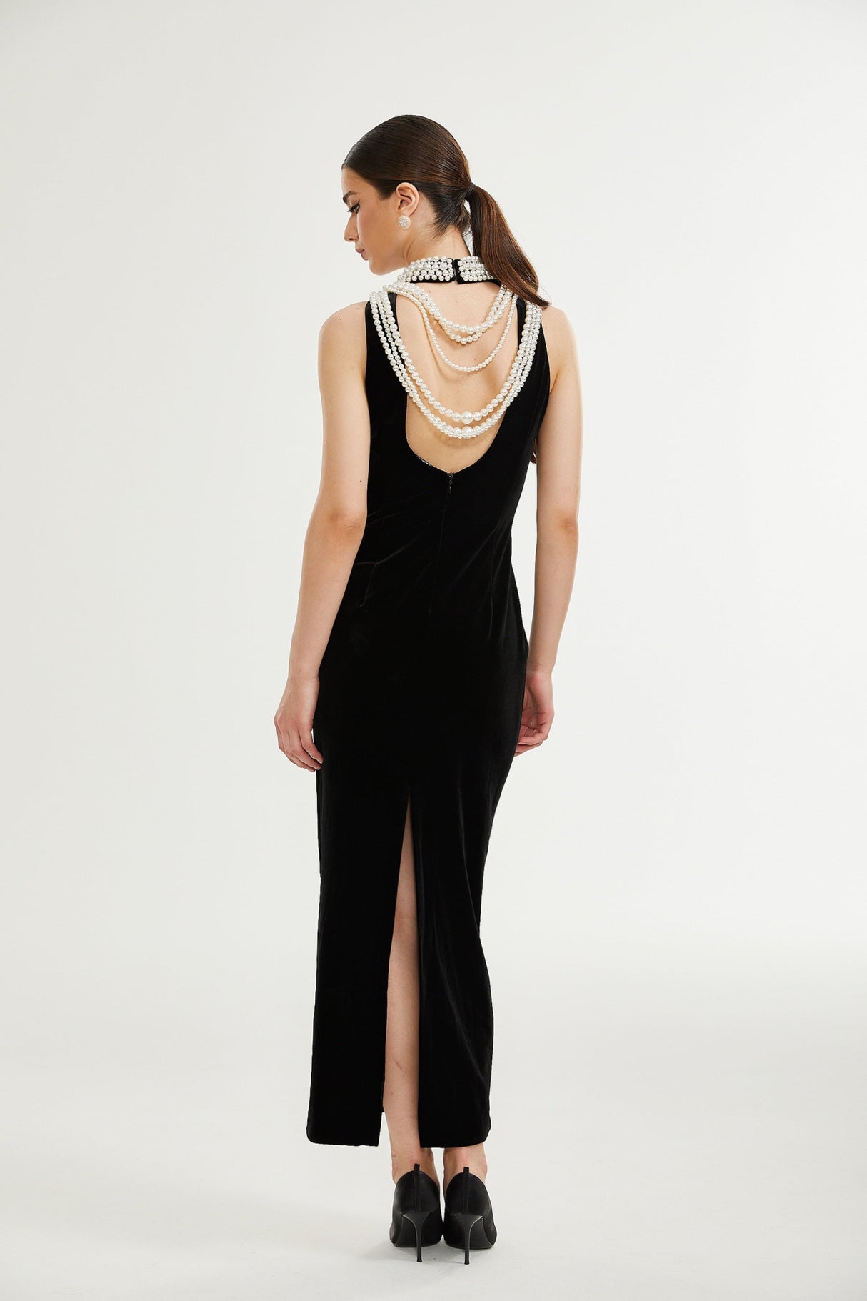 Annabelle Dress - Velvet - Pearl - Embellished - Open Back - Ankle - Length - Sleeveless - High Neck - Draping - Rear Slit - Zip Fastening