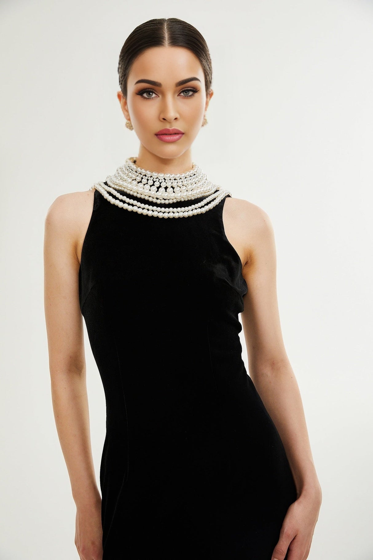 Annabelle Dress - Velvet - Pearl - Embellished - Open Back - Ankle - Length - Sleeveless - High Neck - Draping - Rear Slit - Zip Fastening