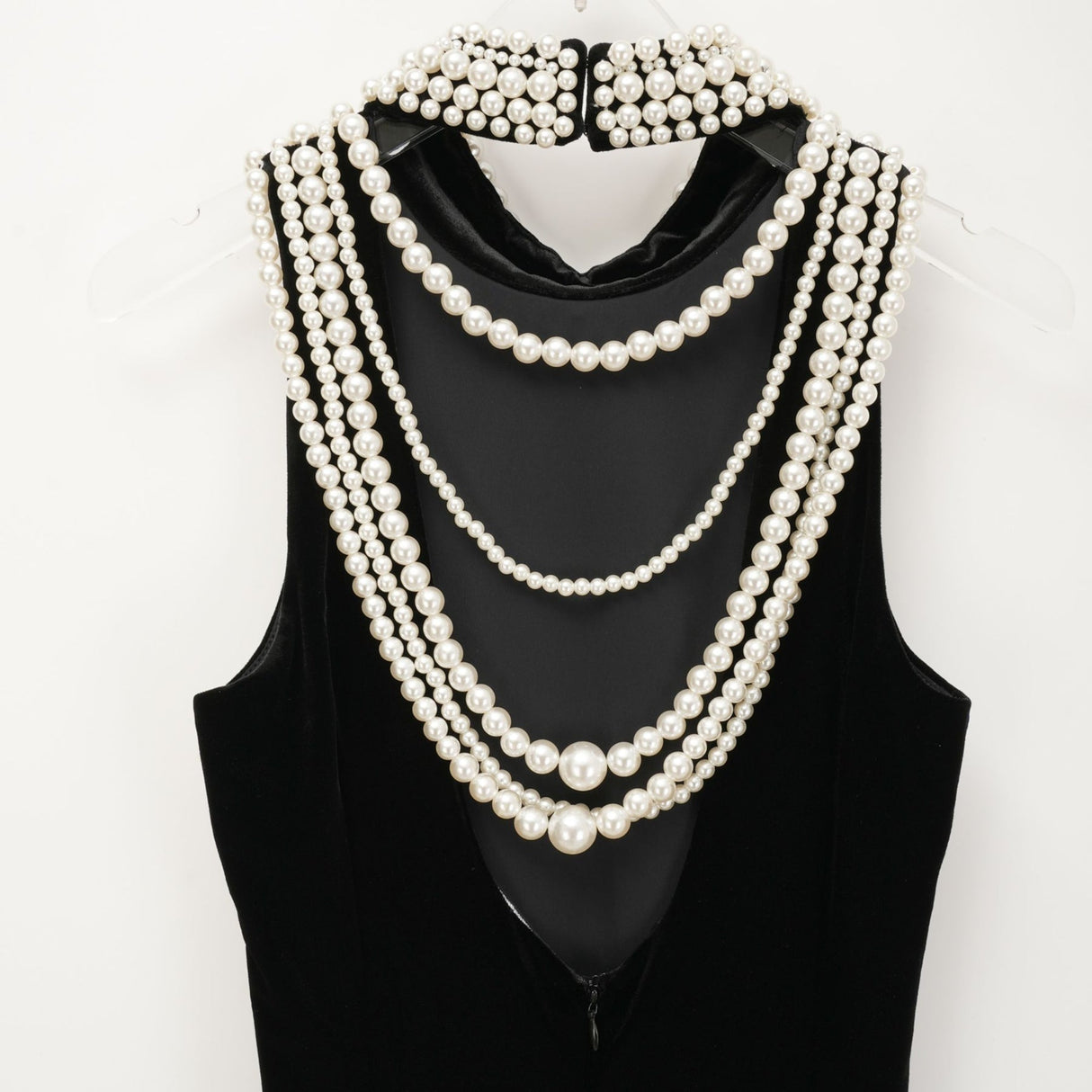 Annabelle Dress - Velvet - Pearl - Embellished - Open Back - Ankle - Length - Sleeveless - High Neck - Draping - Rear Slit - Zip Fastening