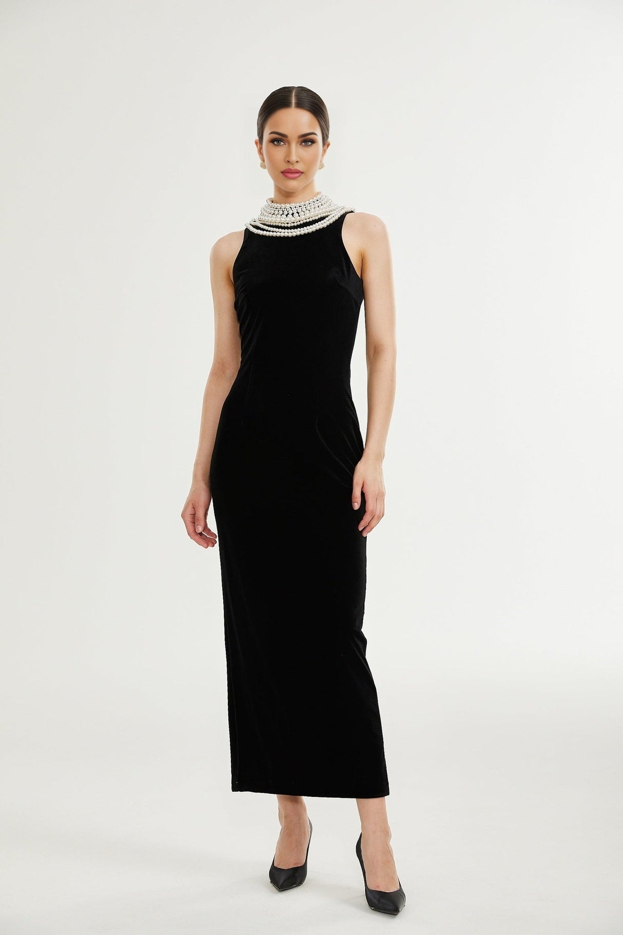 Annabelle Dress - Velvet - Pearl - Embellished - Open Back - Ankle - Length - Sleeveless - High Neck - Draping - Rear Slit - Zip Fastening