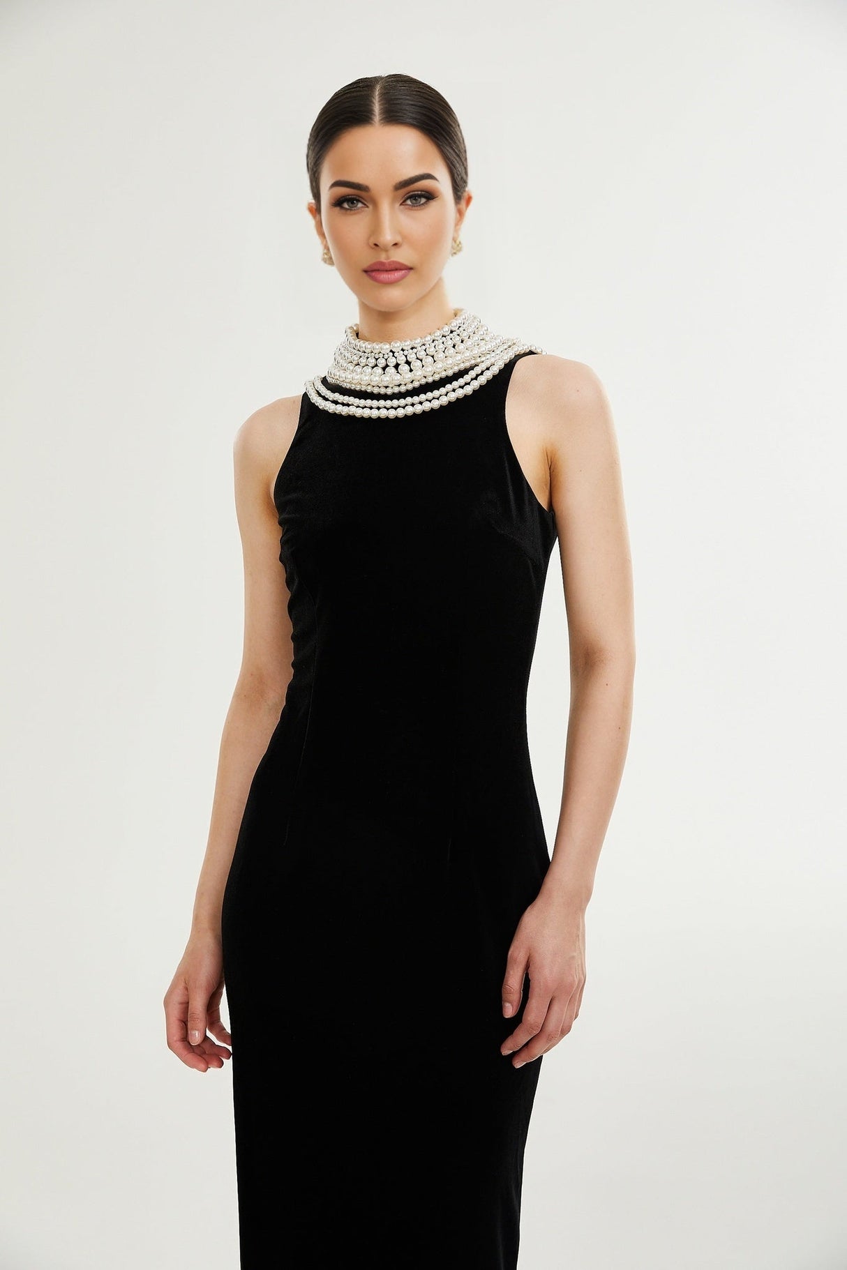 Annabelle Dress - Velvet - Pearl - Embellished - Open Back - Ankle - Length - Sleeveless - High Neck - Draping - Rear Slit - Zip Fastening