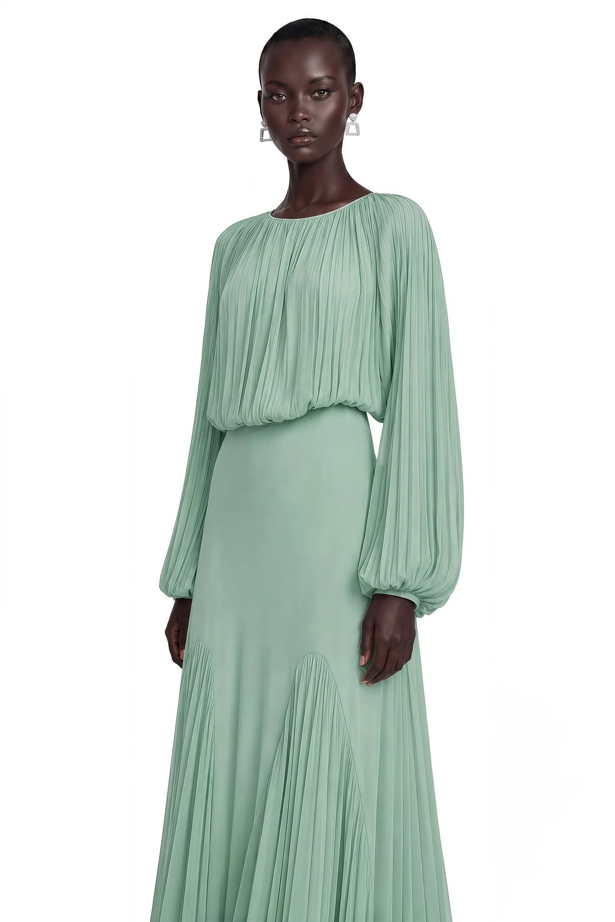 Annabelle Green Lantern Sleeve Pleated Maxi Dress