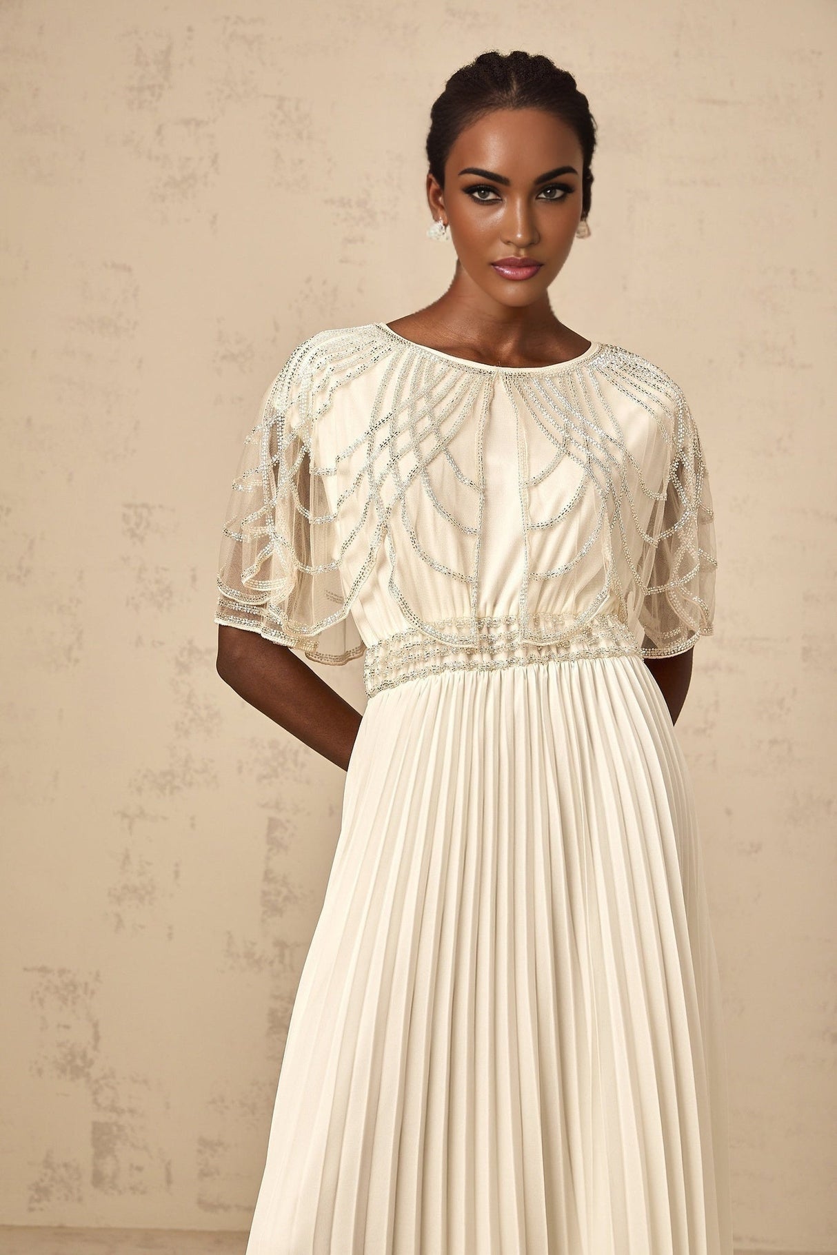 Annabelle Maxi Dress - Short Sleeve - Cinched Waist - Crystal Embellished - Pleated Skirt