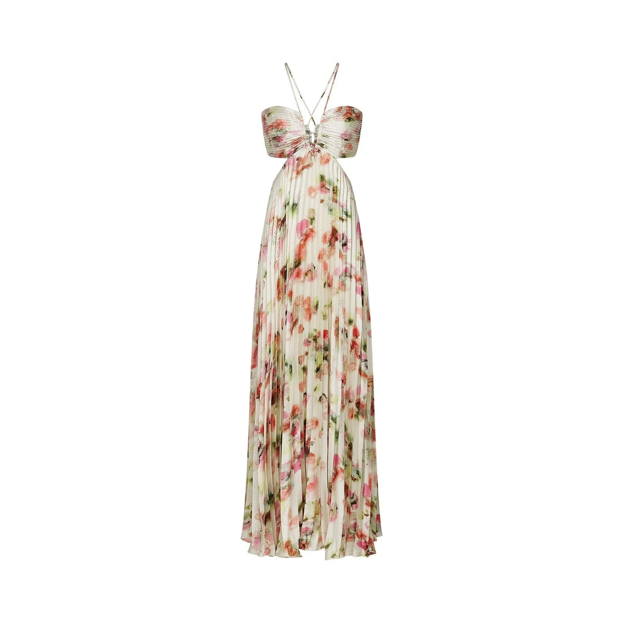 Annalee Floral Maxi Dress - Sleeveless Halter Neck - Bustier Style with Cut - out Design - Pleated with Front Button Fastening