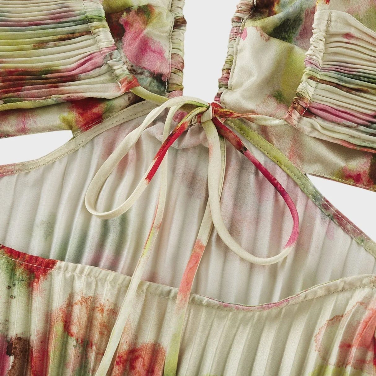 Annalee Floral Maxi Dress - Sleeveless Halter Neck - Bustier Style with Cut - out Design - Pleated with Front Button Fastening