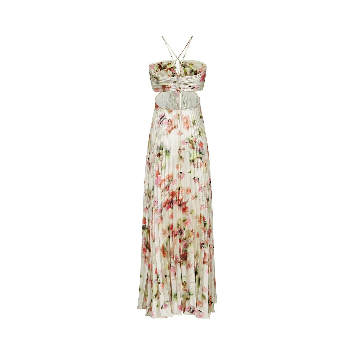 Annalee Floral Maxi Dress - Sleeveless Halter Neck - Bustier Style with Cut - out Design - Pleated with Front Button Fastening