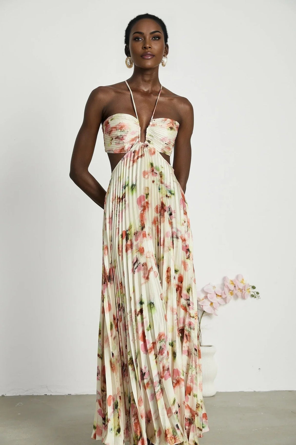 Annalee Floral Maxi Dress - Sleeveless Halter Neck - Bustier Style with Cut - out Design - Pleated with Front Button Fastening