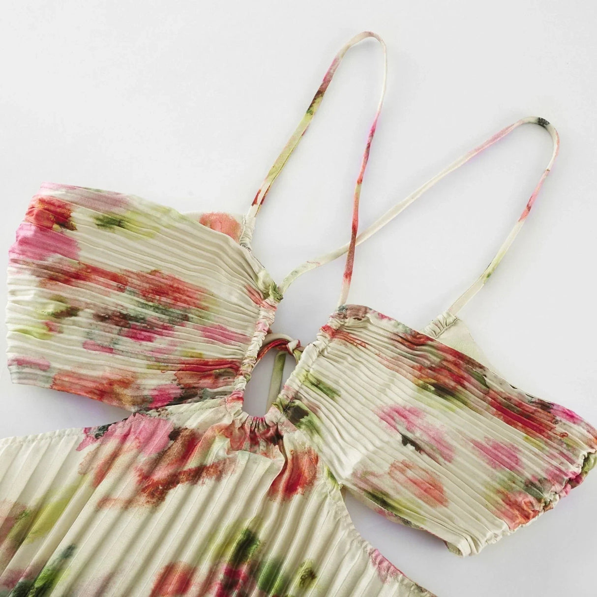 Annalee Floral Maxi Dress - Sleeveless Halter Neck - Bustier Style with Cut - out Design - Pleated with Front Button Fastening