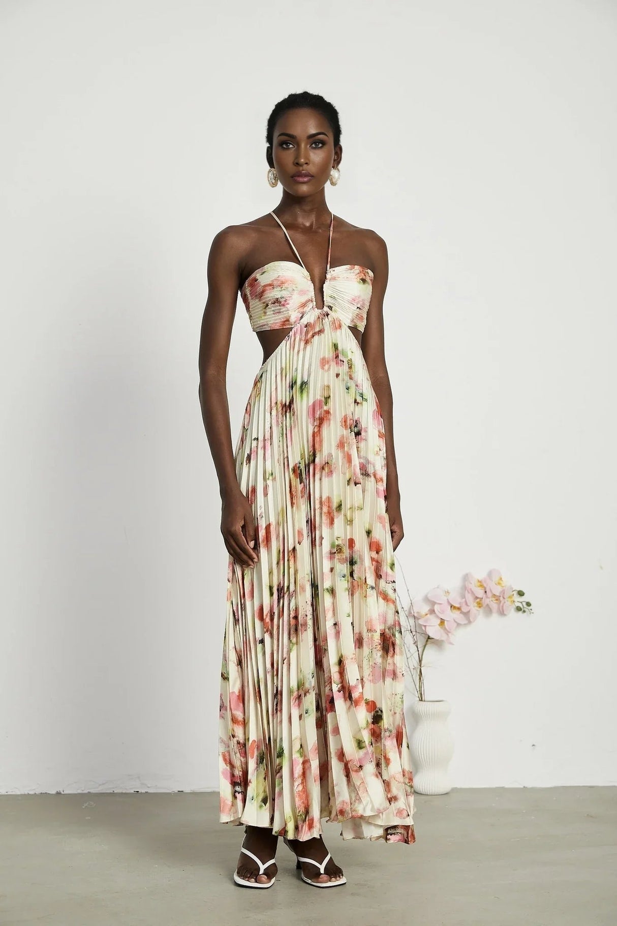 Annalee Floral Maxi Dress - Sleeveless Halter Neck - Bustier Style with Cut - out Design - Pleated with Front Button Fastening
