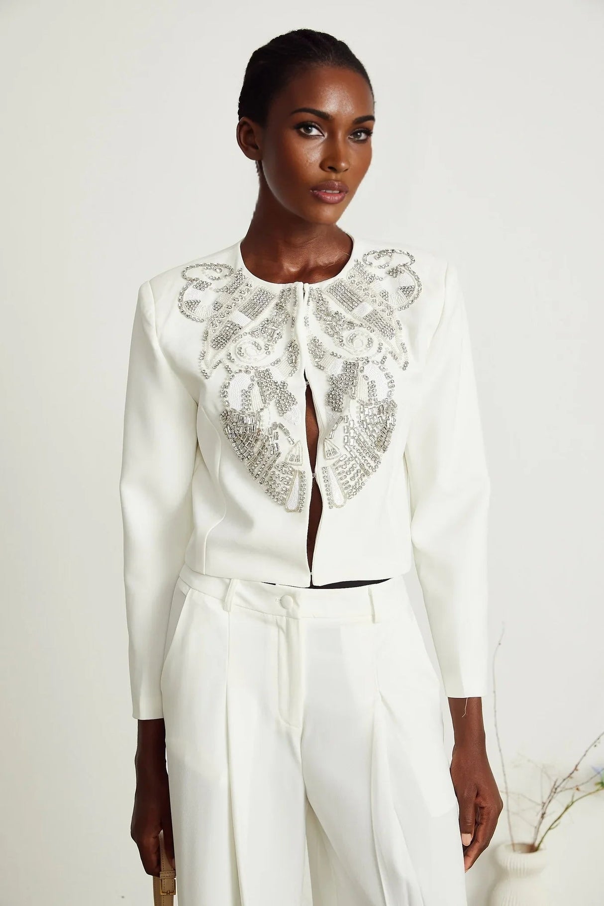 Annalee Jacket & Trousers Set - Crystal & Sequin Embellishments - Cropped Jacket - Straight Leg Trousers - Front Hook & Eye Fastening