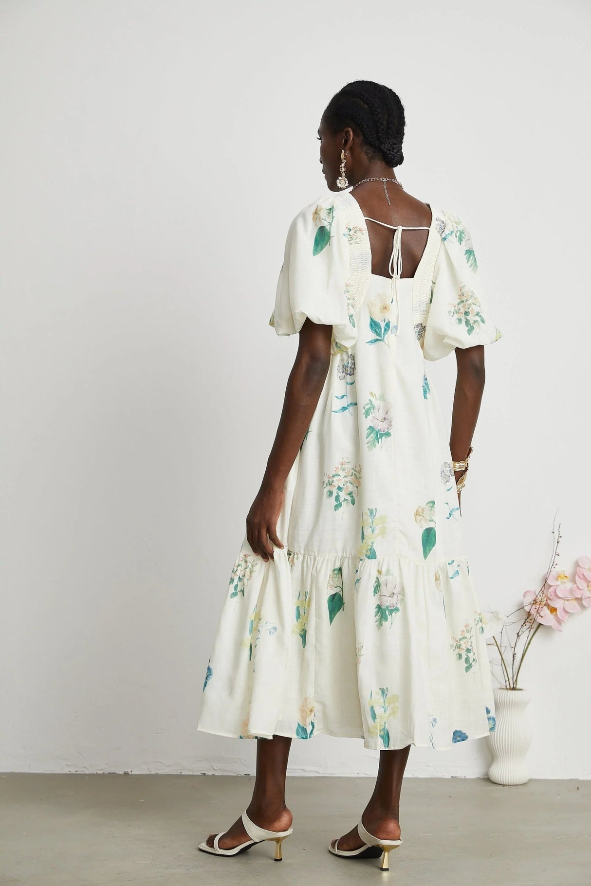 Annalisa Floral Midi Dress - V - Neck - Short Puff Sleeves - Flounce Hem - A - line Skirt Cut