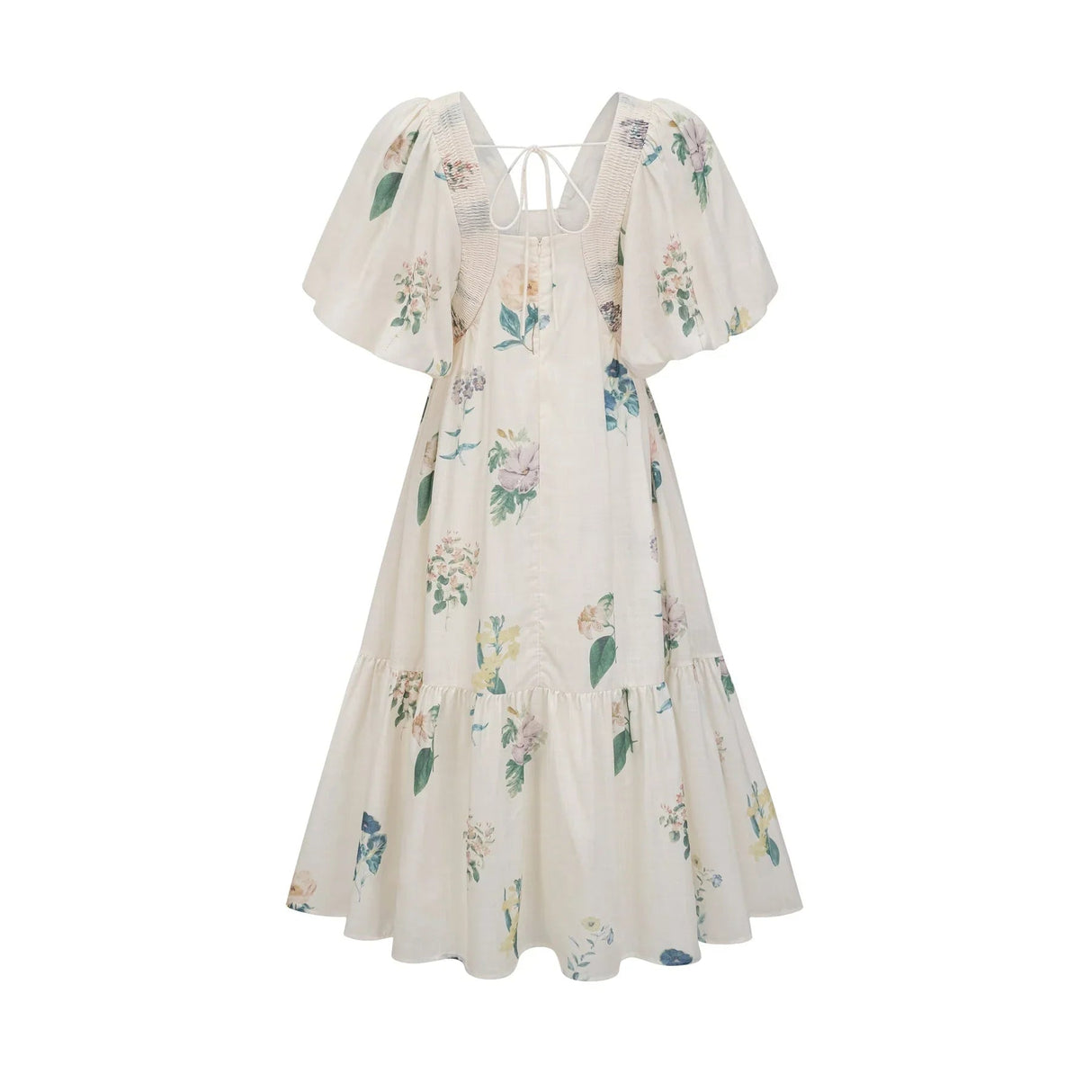 Annalisa Floral Midi Dress - V - Neck - Short Puff Sleeves - Flounce Hem - A - line Skirt Cut