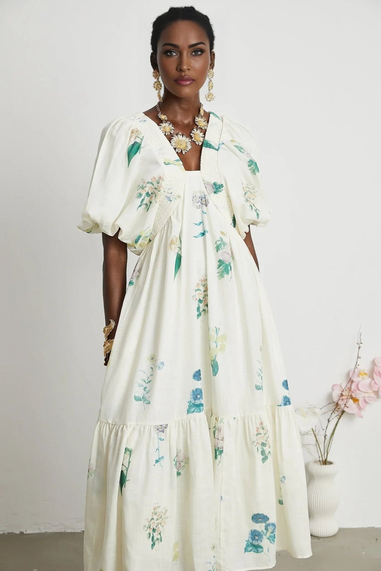 Annalisa Floral Midi Dress - V - Neck - Short Puff Sleeves - Flounce Hem - A - line Skirt Cut