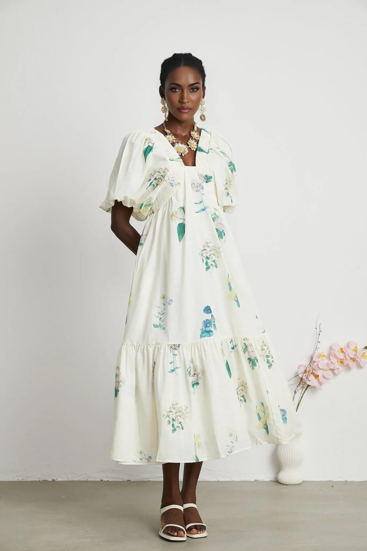 Annalisa Floral Midi Dress - V - Neck - Short Puff Sleeves - Flounce Hem - A - line Skirt Cut