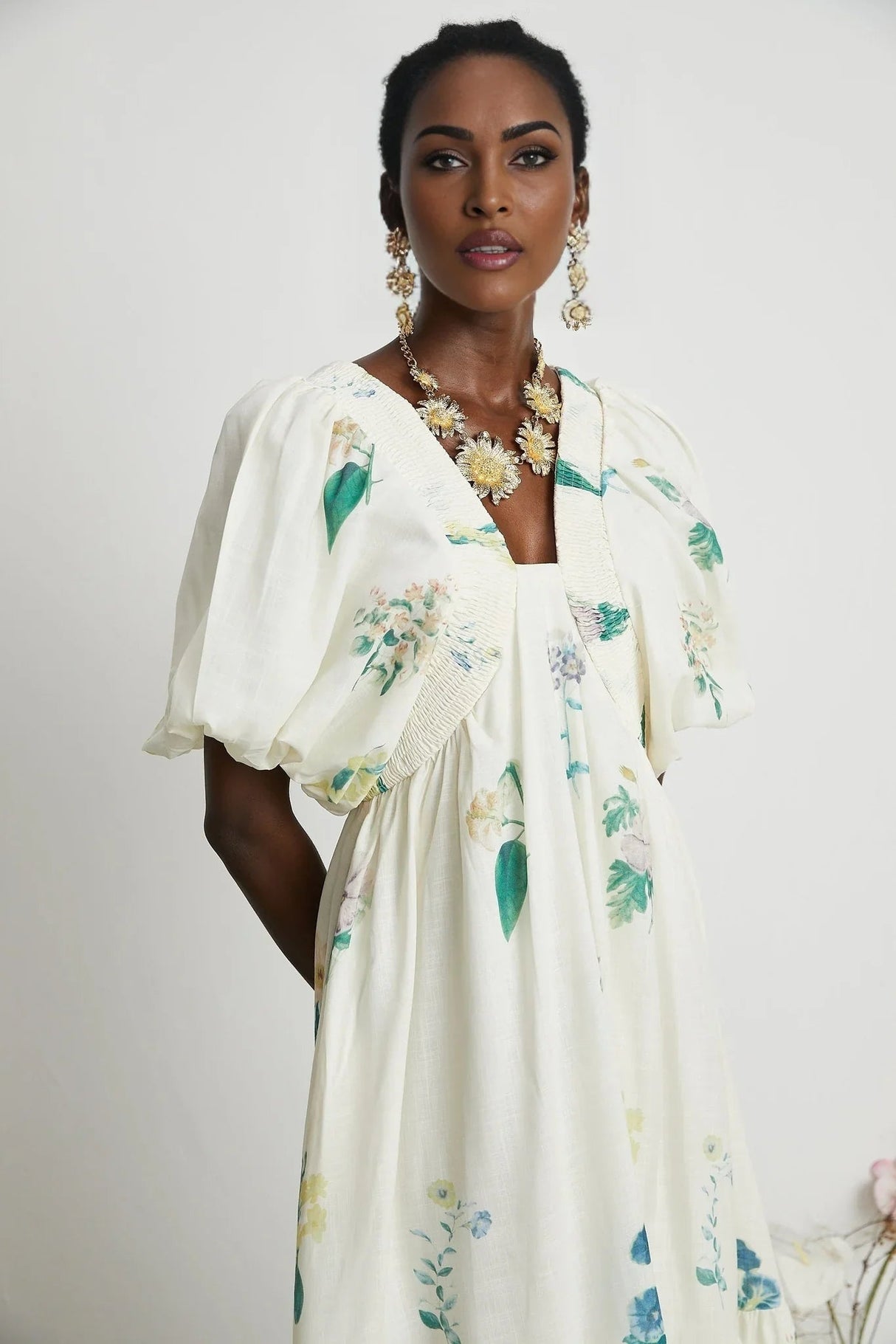 Annalisa Floral Midi Dress - V - Neck - Short Puff Sleeves - Flounce Hem - A - line Skirt Cut