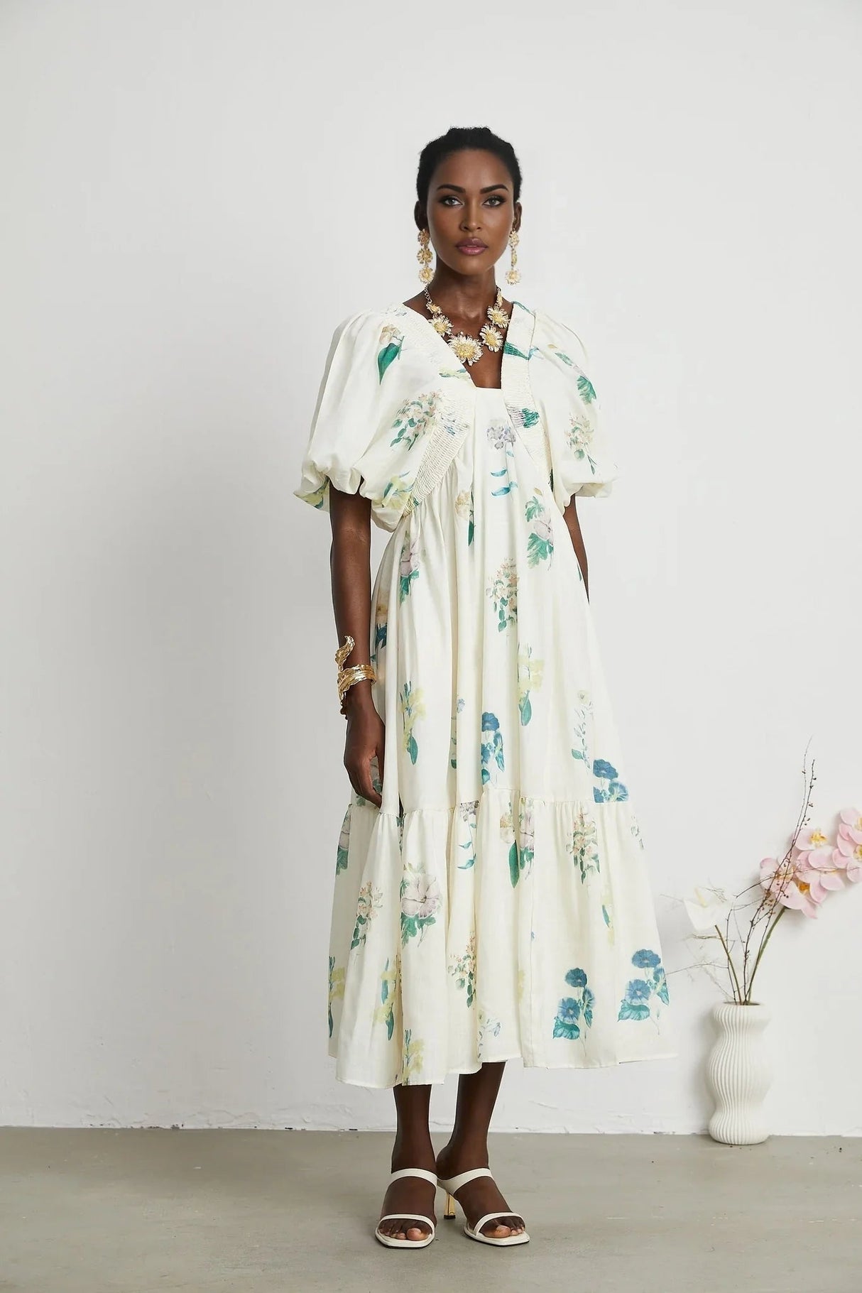 Annalisa Floral Midi Dress - V - Neck - Short Puff Sleeves - Flounce Hem - A - line Skirt Cut