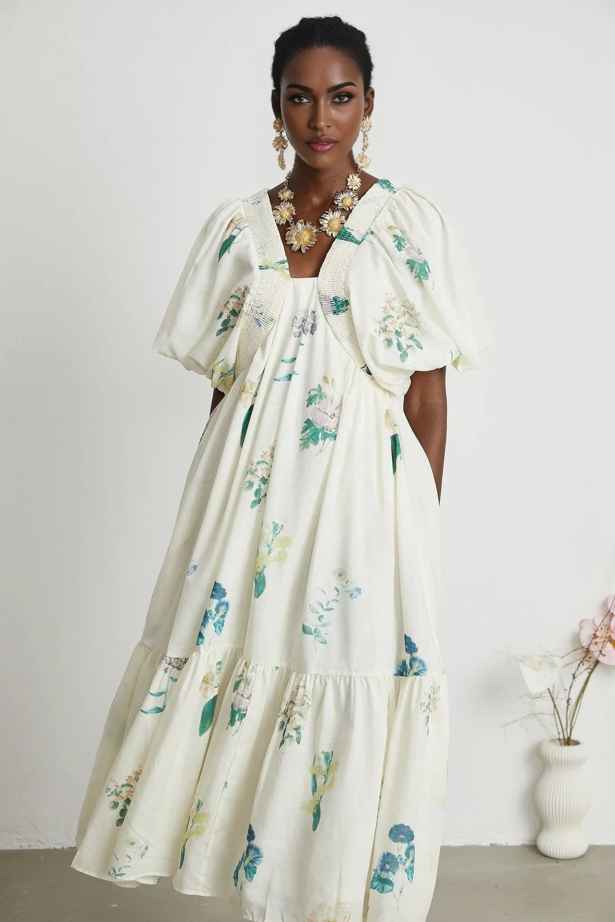 Annalisa Floral Midi Dress - V - Neck - Short Puff Sleeves - Flounce Hem - A - line Skirt Cut