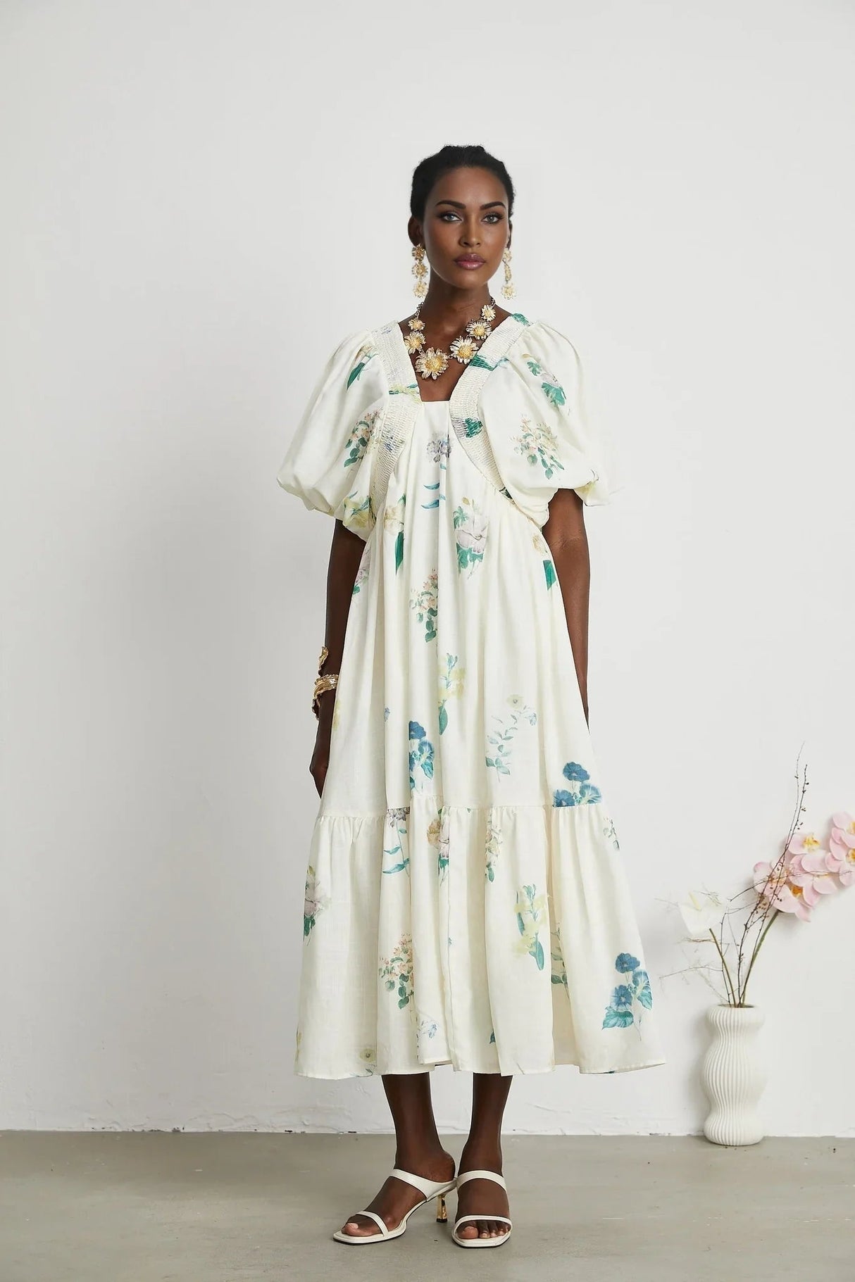 Annalisa Floral Midi Dress - V - Neck - Short Puff Sleeves - Flounce Hem - A - line Skirt Cut