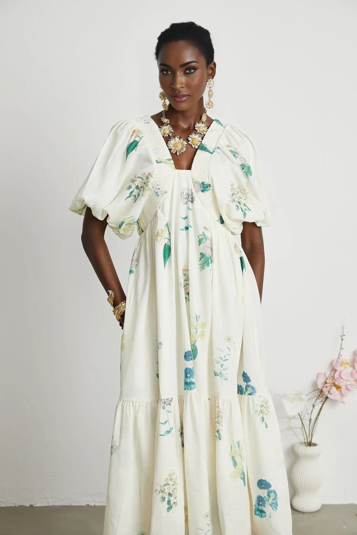 Annalisa Floral Midi Dress - V - Neck - Short Puff Sleeves - Flounce Hem - A - line Skirt Cut