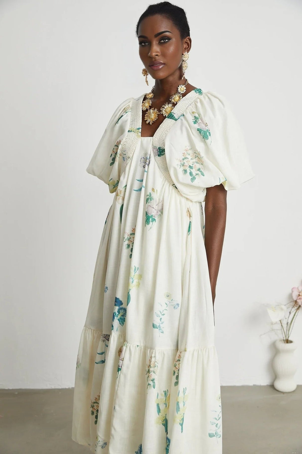 Annalisa Floral Midi Dress - V - Neck - Short Puff Sleeves - Flounce Hem - A - line Skirt Cut