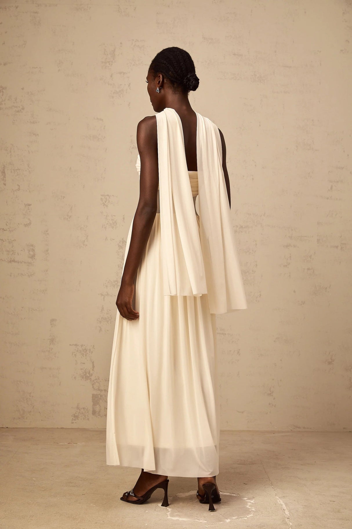 Annalisa Midi Dress Mesh Scarf - Design Stretch Ruched Panelled Sheer