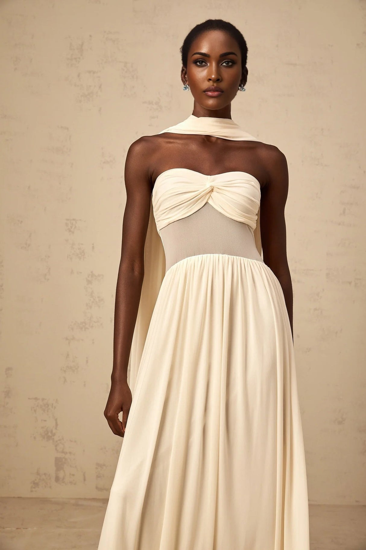 Annalisa Midi Dress Mesh Scarf - Design Stretch Ruched Panelled Sheer