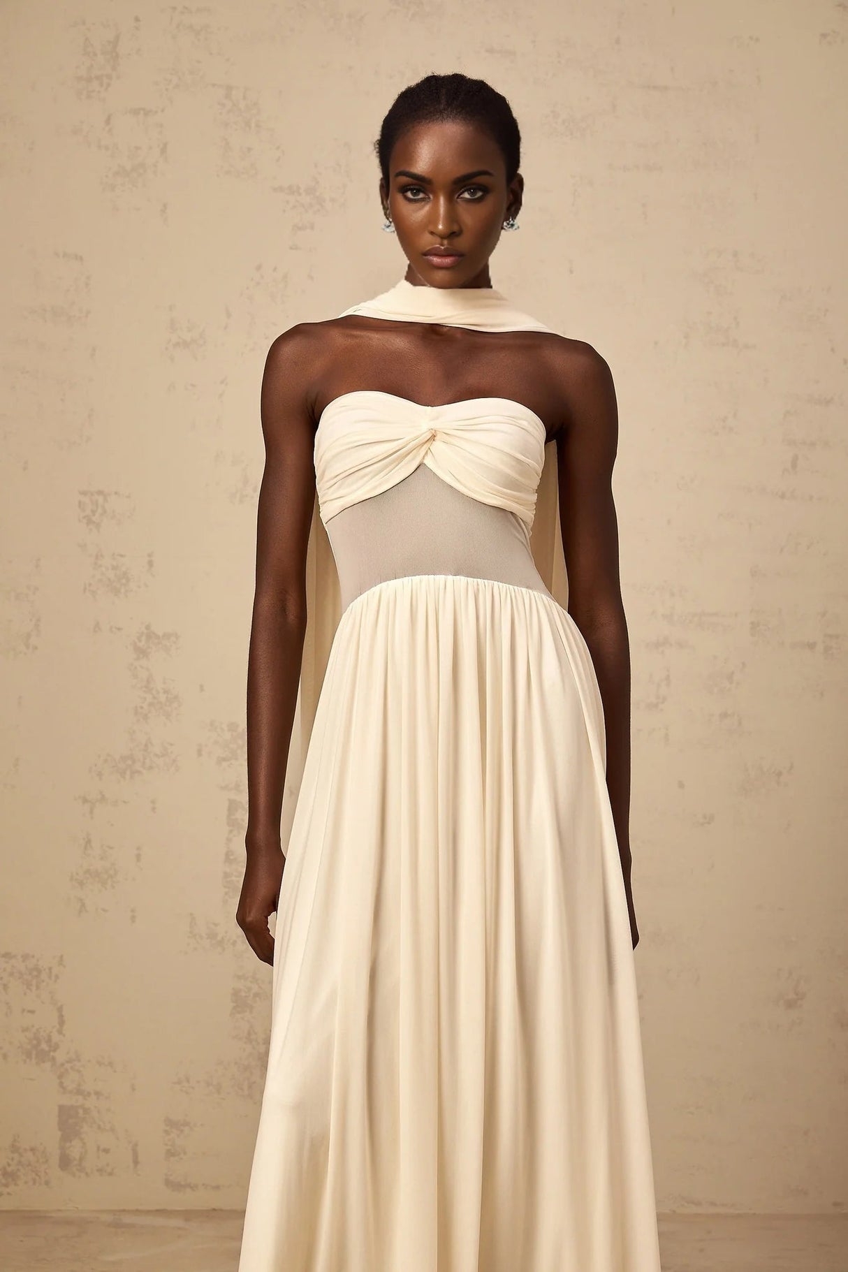 Annalisa Midi Dress Mesh Scarf - Design Stretch Ruched Panelled Sheer