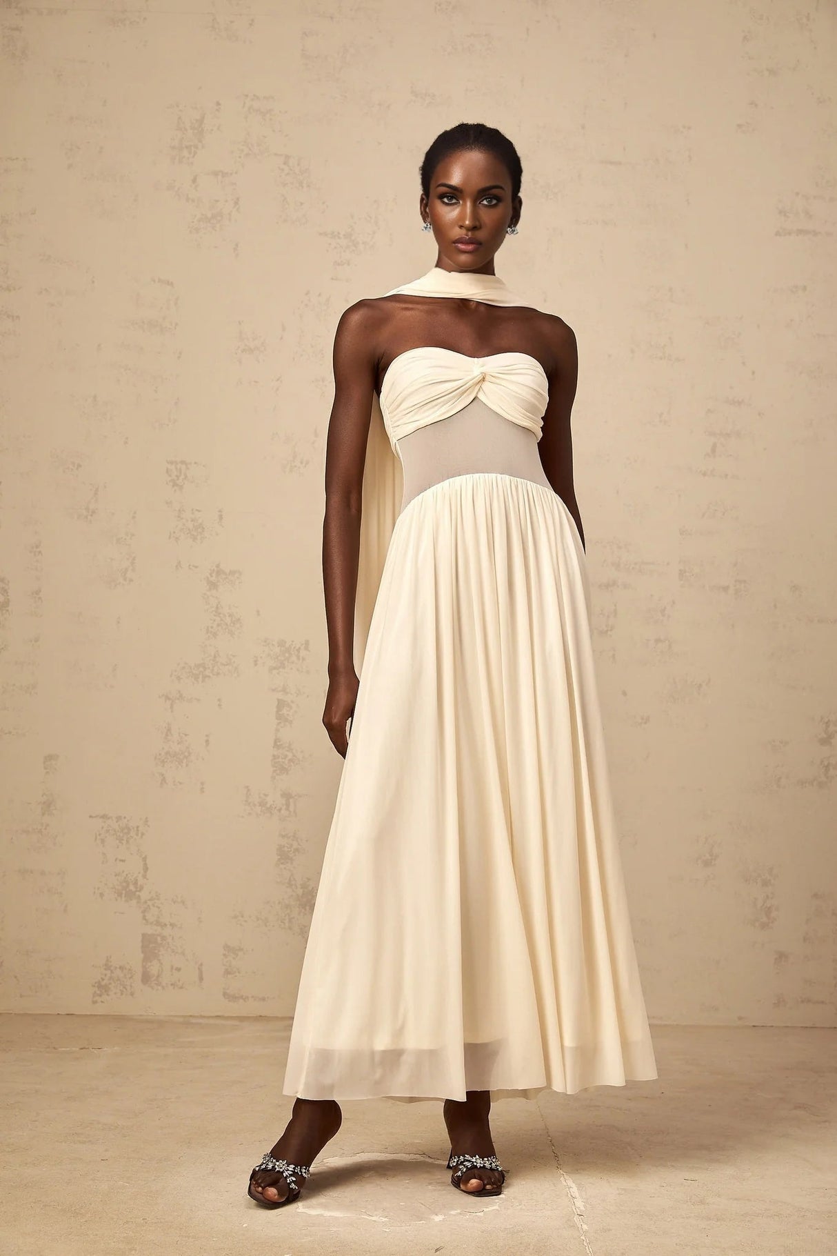 Annalisa Midi Dress Mesh Scarf - Design Stretch Ruched Panelled Sheer