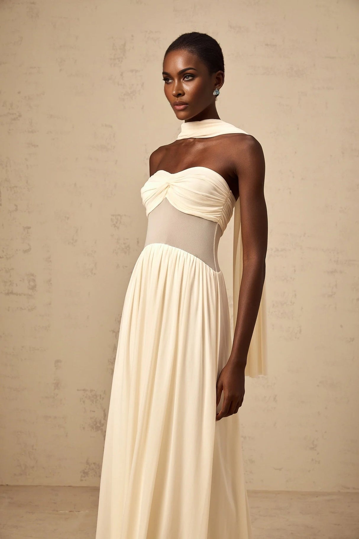 Annalisa Midi Dress Mesh Scarf - Design Stretch Ruched Panelled Sheer